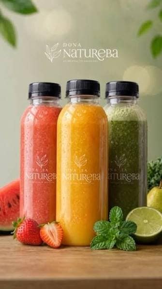 Três garrafas de suco natural Dona Natureba: vermelho, laranja e verde